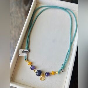 Teal Cord Necklace with Purple Amethyst and Yellow Beads